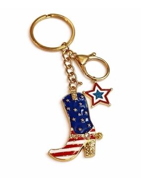 Western Cowgirl Patriotic Boot Star Keychain Purse Charm Rhinestone - Bling NWT